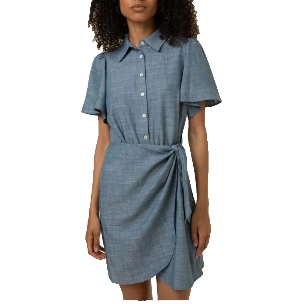 FRNCH PARIS Kathleen Short Sleeves Notch Collar Side Tie Chambray Blue Dress S‎